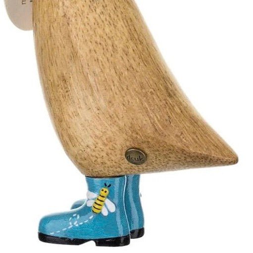 Wooden Duckling in Bee Print Blue Welly Boots2 - Duck Barn Interiors