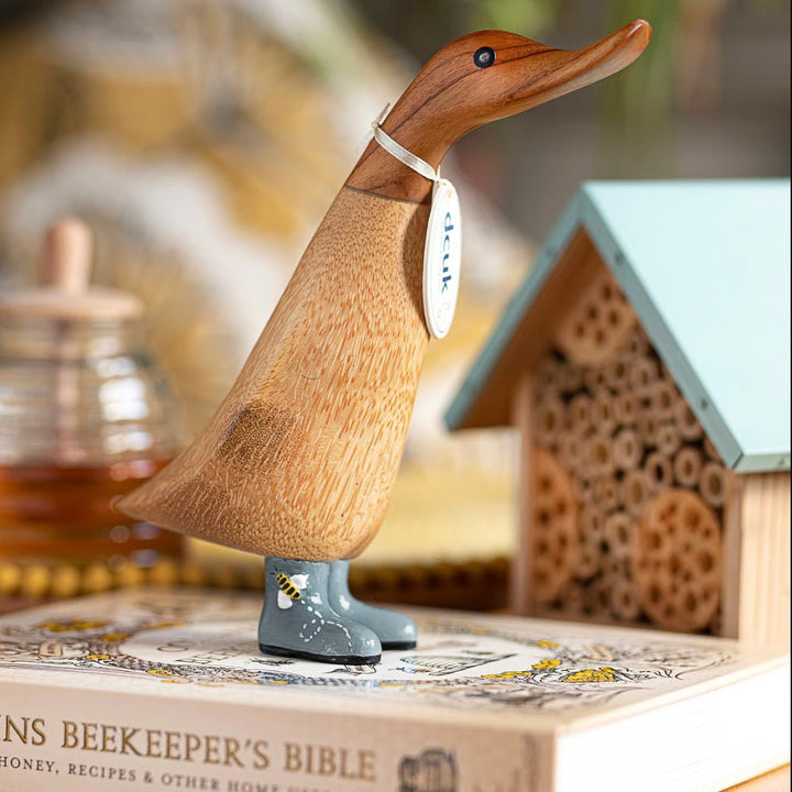 Wooden Duckling in Bee Print Blue Welly Boots2 - Duck Barn Interiors