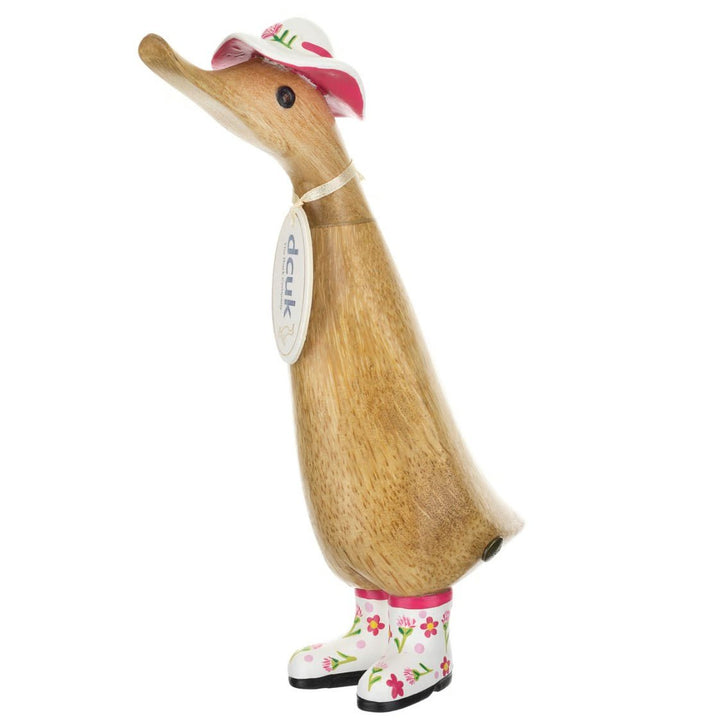 Wooden Duckling with Floral Hat & Welly Boots - Pink & White1 - Duck Barn Interiors