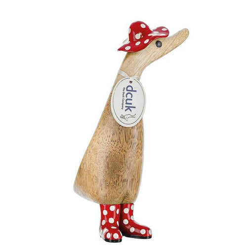 Wooden Duckling with Spotty Hat & Welly Boots - Red & White