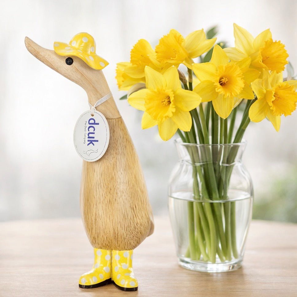 Wooden Duckling with Spotty Hat & Welly Boots - Yellow & White1 - Duck Barn Interiors