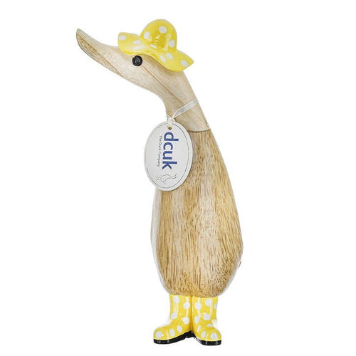 Wooden Duckling with Spotty Hat & Welly Boots - Yellow & White