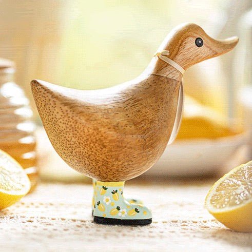 Wooden Ducky in Lemon Print Wellies2 - Duck Barn Interiors