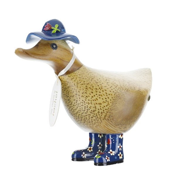 Wooden Ducky with Floral Hat & Welly Boots - Blue1 - Duck Barn Interiors