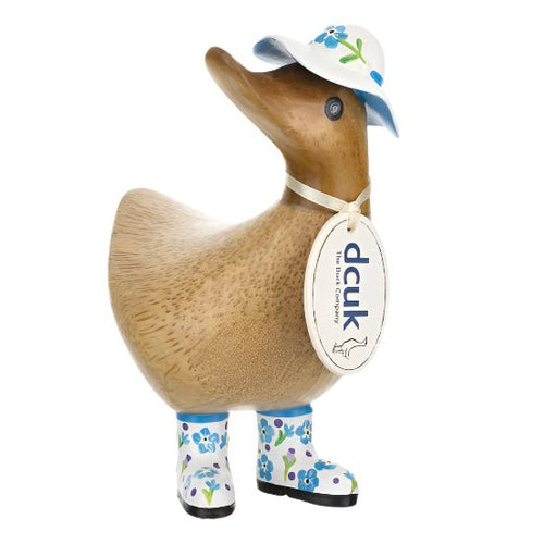 Wooden Ducky with Floral Hat & Welly Boots - Blue & White