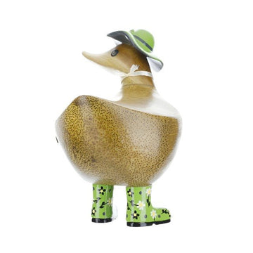 Large Wooden Duck in Floral Welly Boots - Green