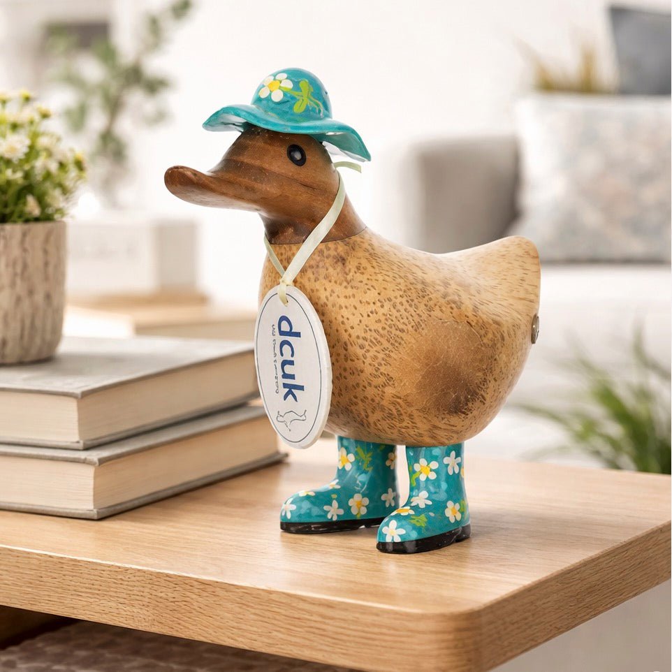 Wooden Ducky with Floral Hat & Welly Boots - Teal2 - Duck Barn Interiors