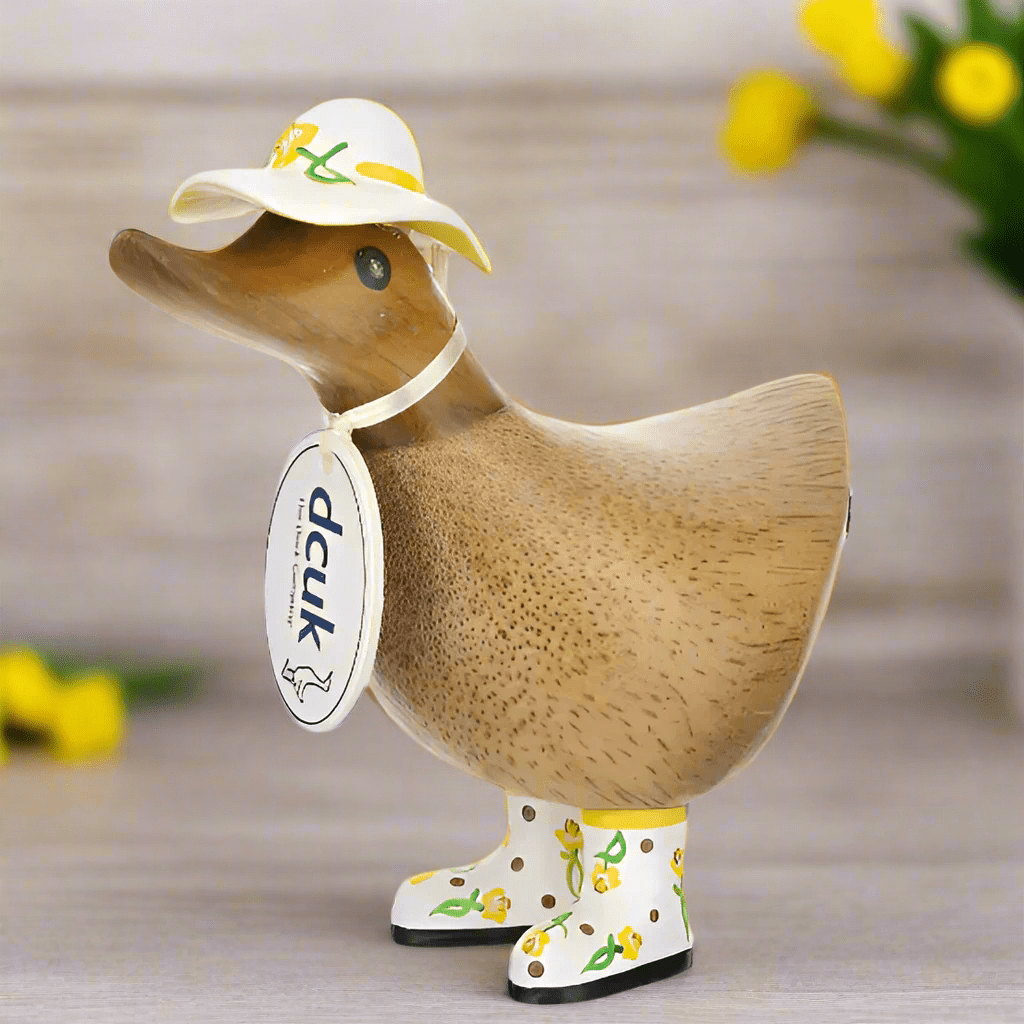 Wooden Ducky with Floral Hat & Welly Boots - Yellow & White1 - Duck Barn Interiors