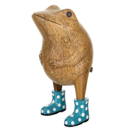 Wooden Frog with Spotty Welly Boots - Blue & White