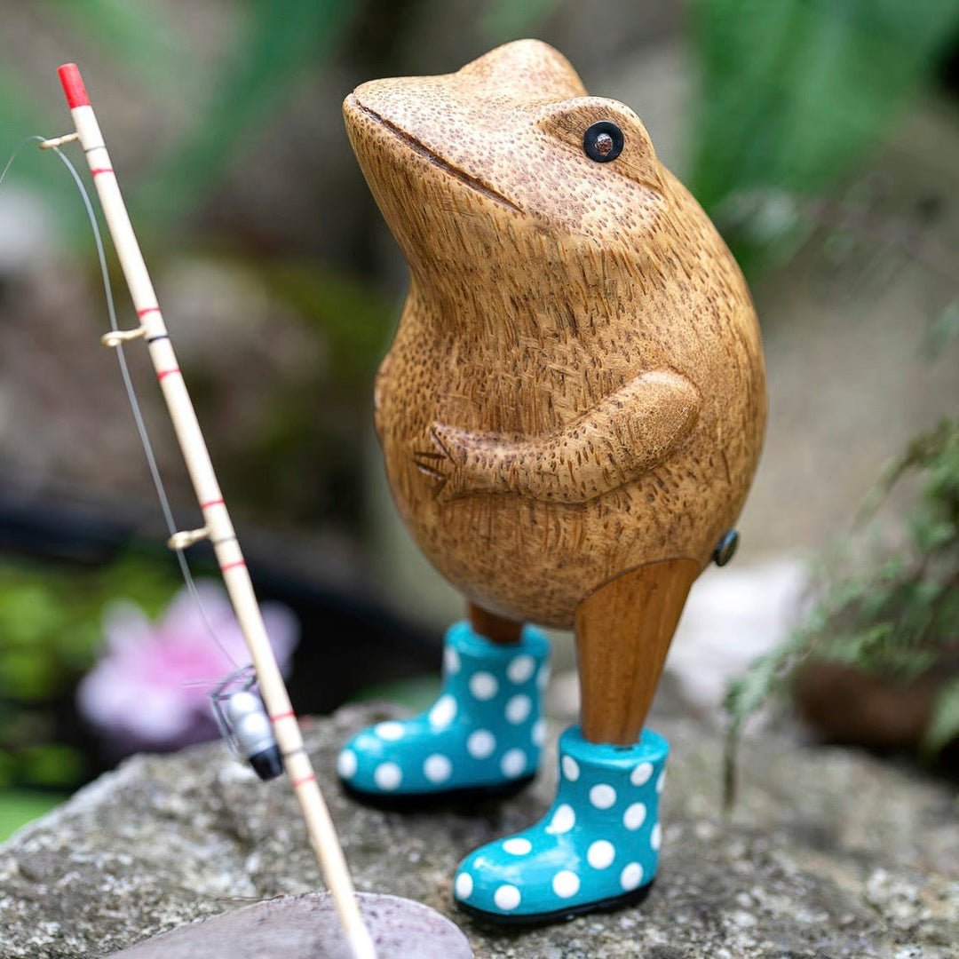 Wooden Frog with Spotty Welly Boots - Blue & White3 - Duck Barn Interiors