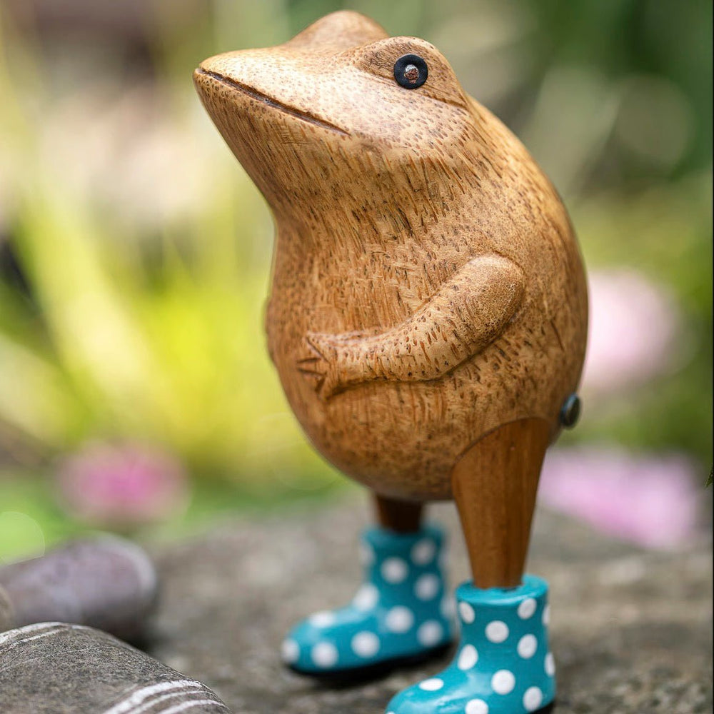 Wooden Frog with Spotty Welly Boots - Blue & White2 - Duck Barn Interiors