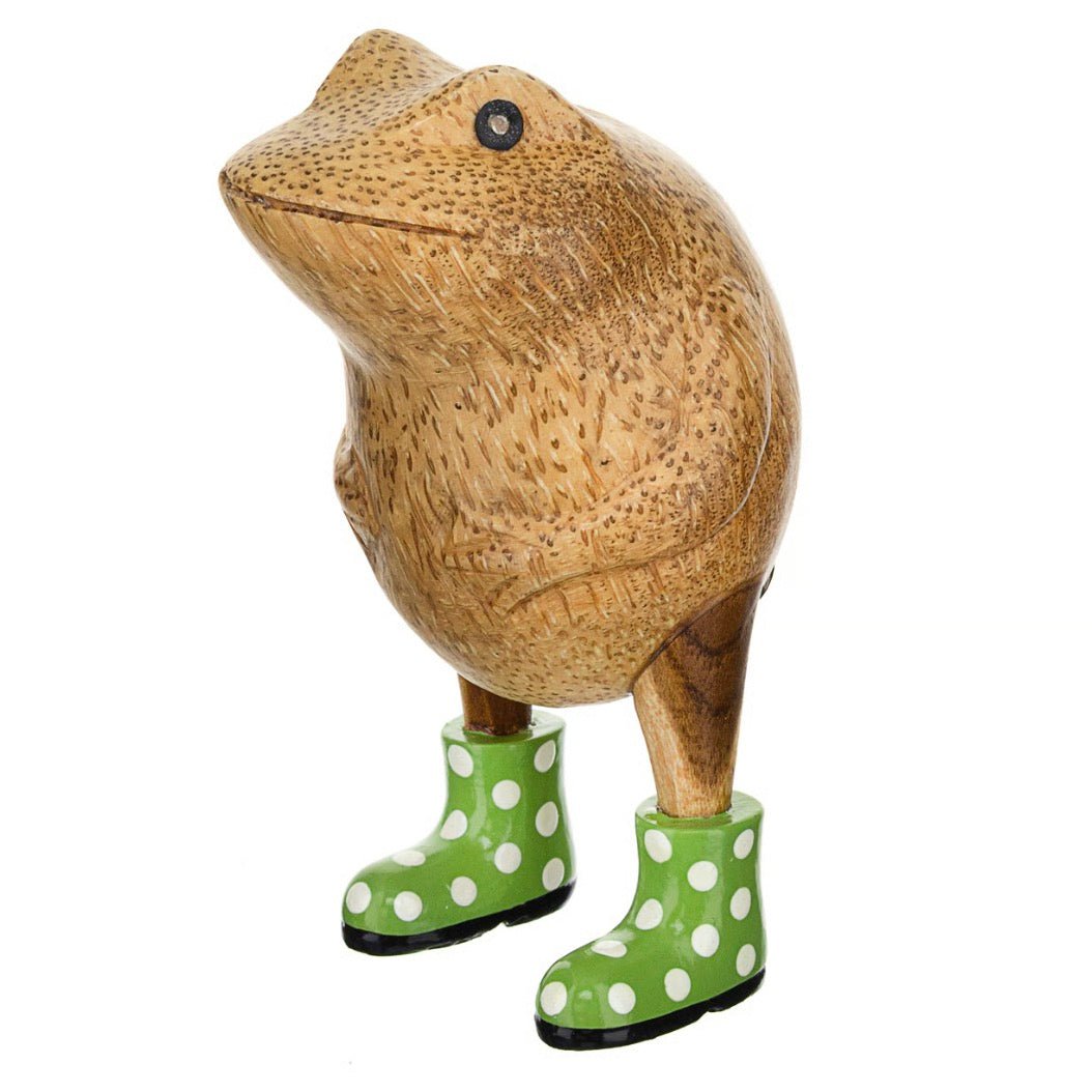 Wooden Frog with Spotty Welly Boots - Green & White1 - Duck Barn Interiors