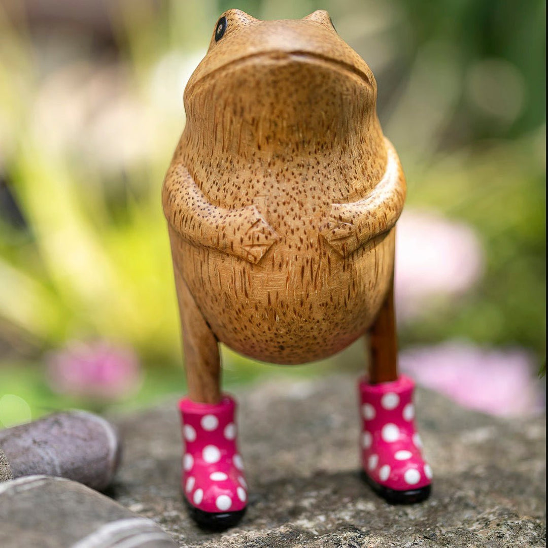 Wooden Frog with Spotty Welly Boots - Pink & White2 - Duck Barn Interiors