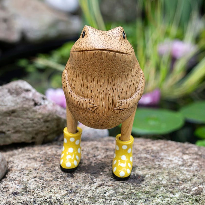 Wooden Frog with Spotty Welly Boots - Yellow & White2 - Duck Barn Interiors