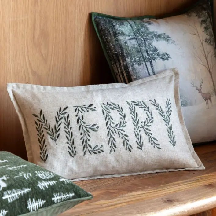 Woodland Embroidered Merry Cushion1 - Duck Barn Interiors