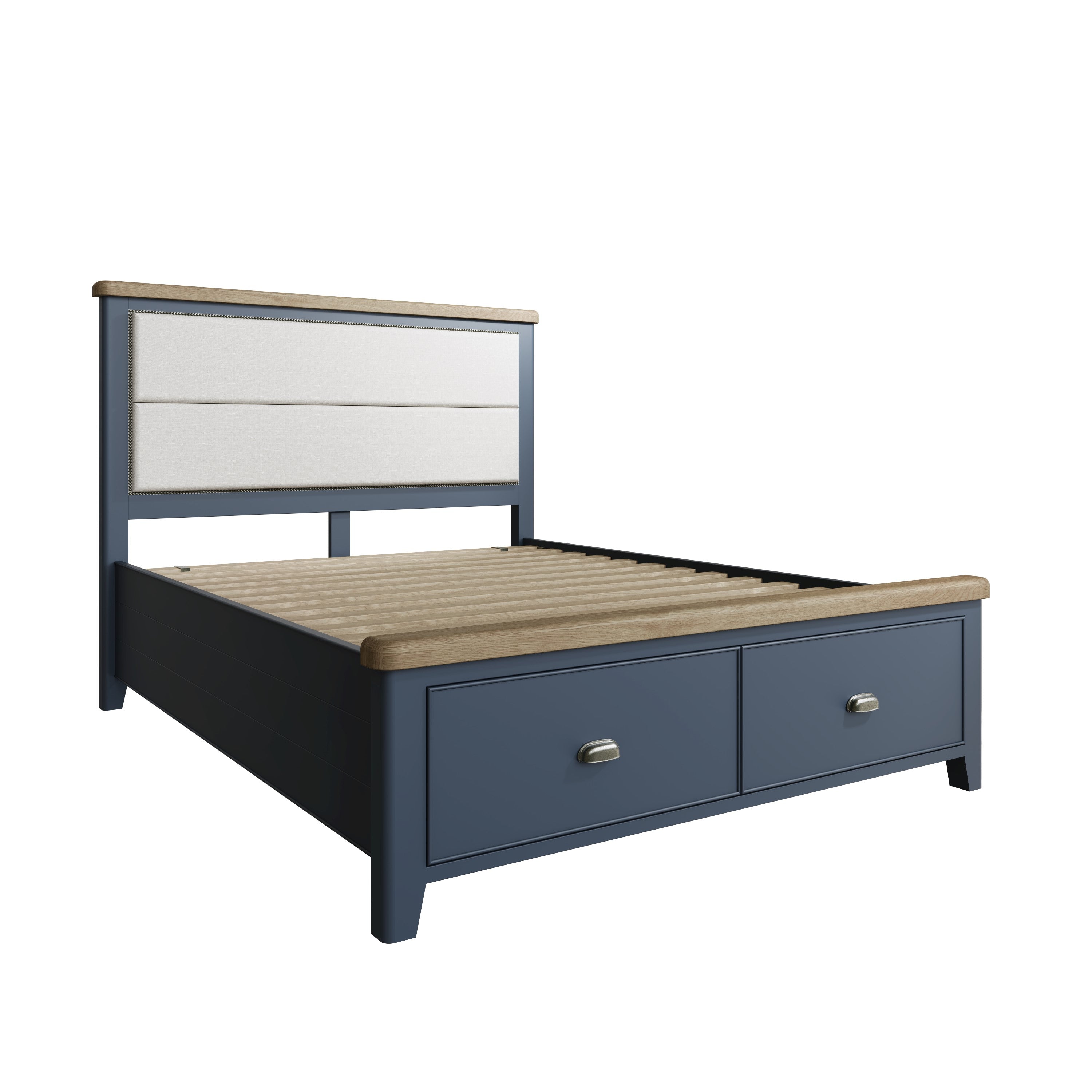 Rogate Blue 4'6" Double Bed Frame - Fabric Headboard & Drawers