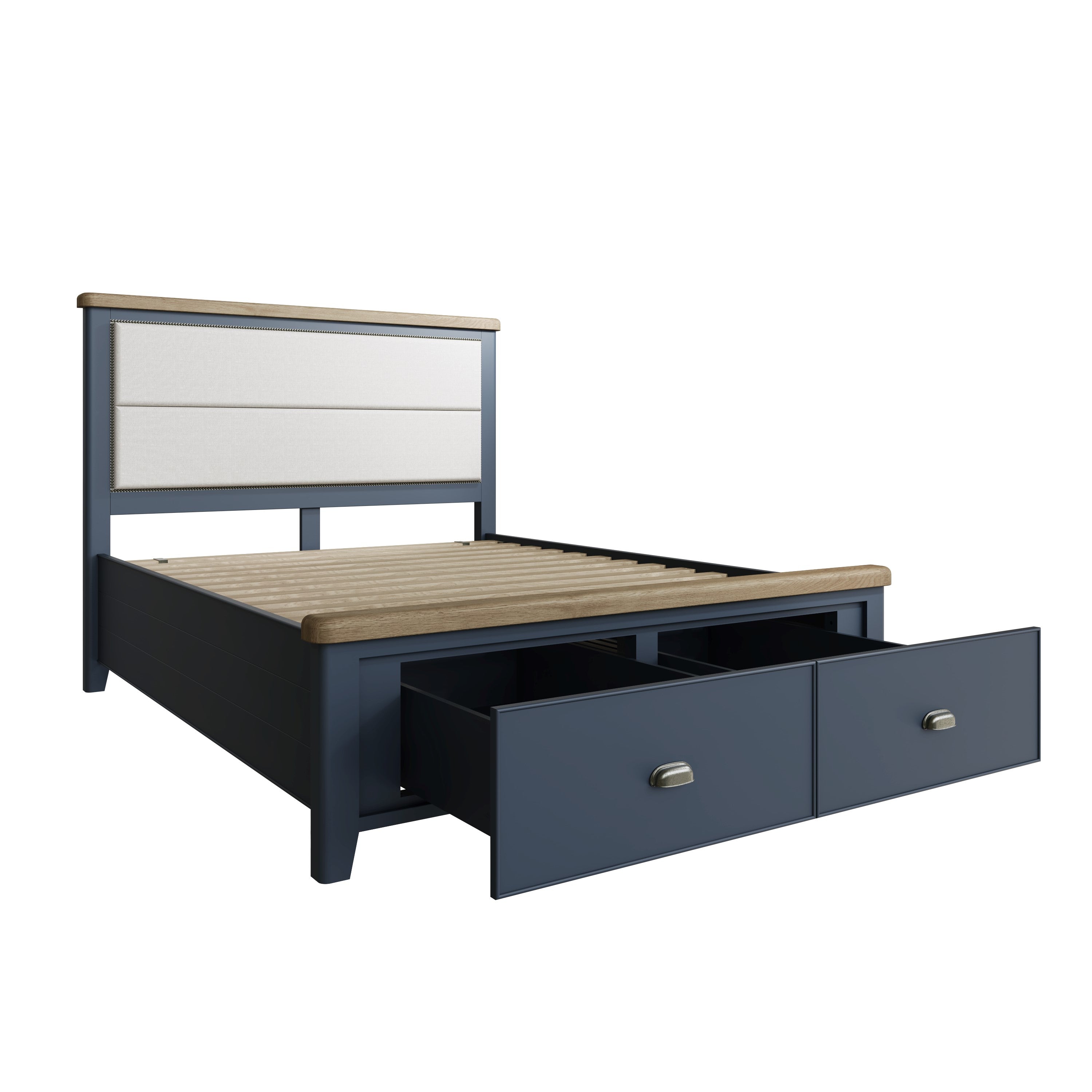 Rogate Blue 4'6" Double Bed Frame - Fabric Headboard & Drawers