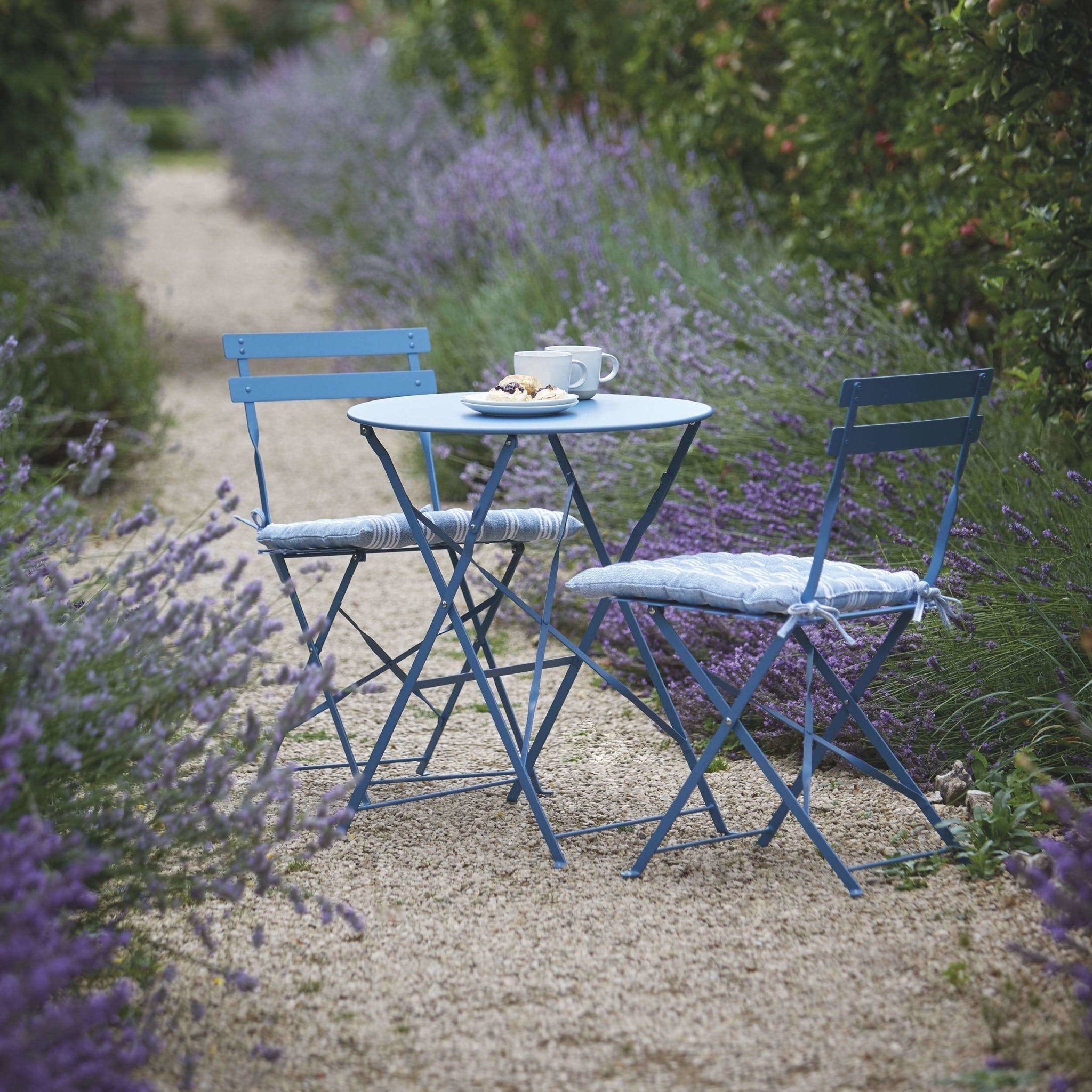 Garden Bistro Round Table and 2 Chairs in Lulworth Blue - Duck Barn Interiors