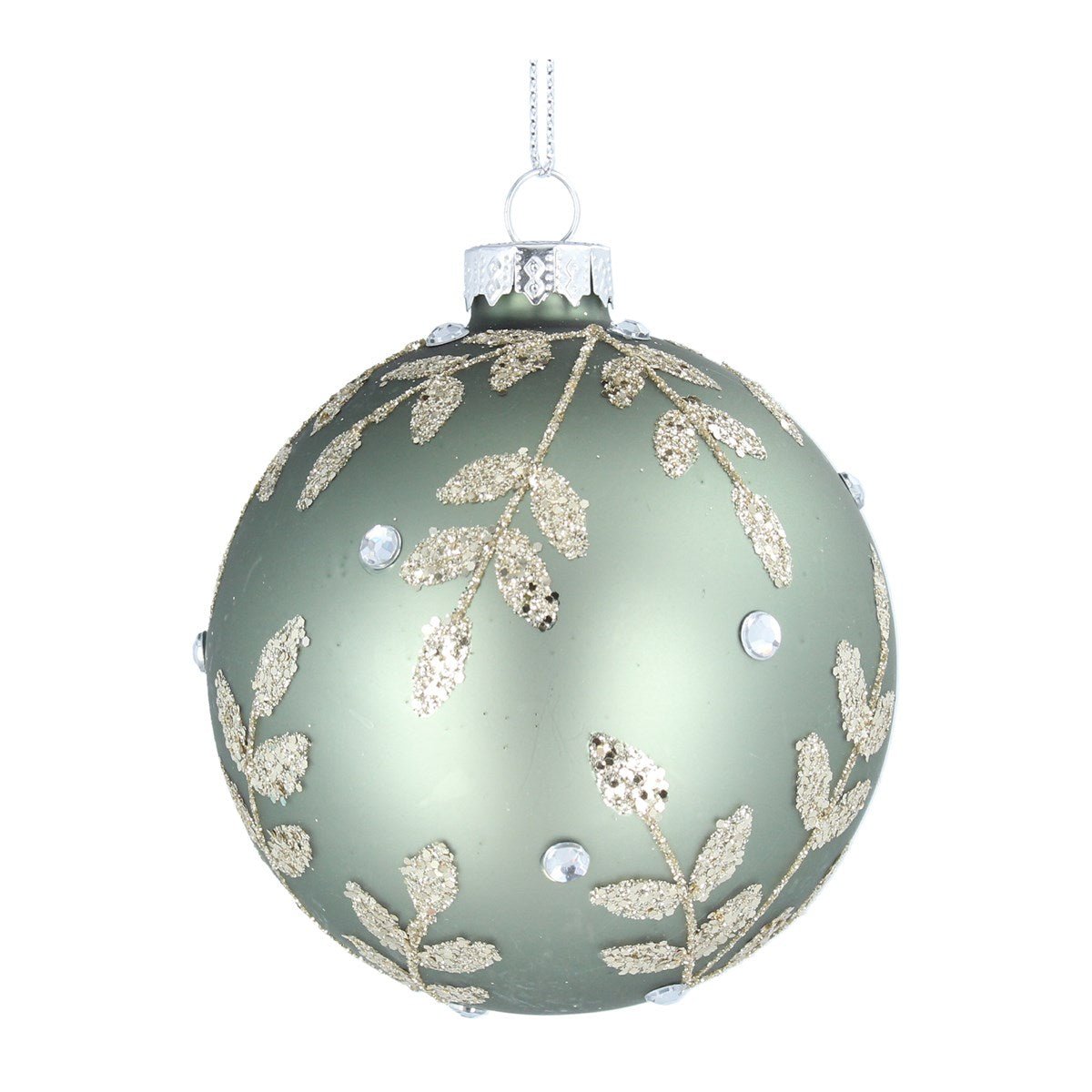 Gisela Graham Silver Leaves Sage Green Glass Bauble - Duck Barn Interiors