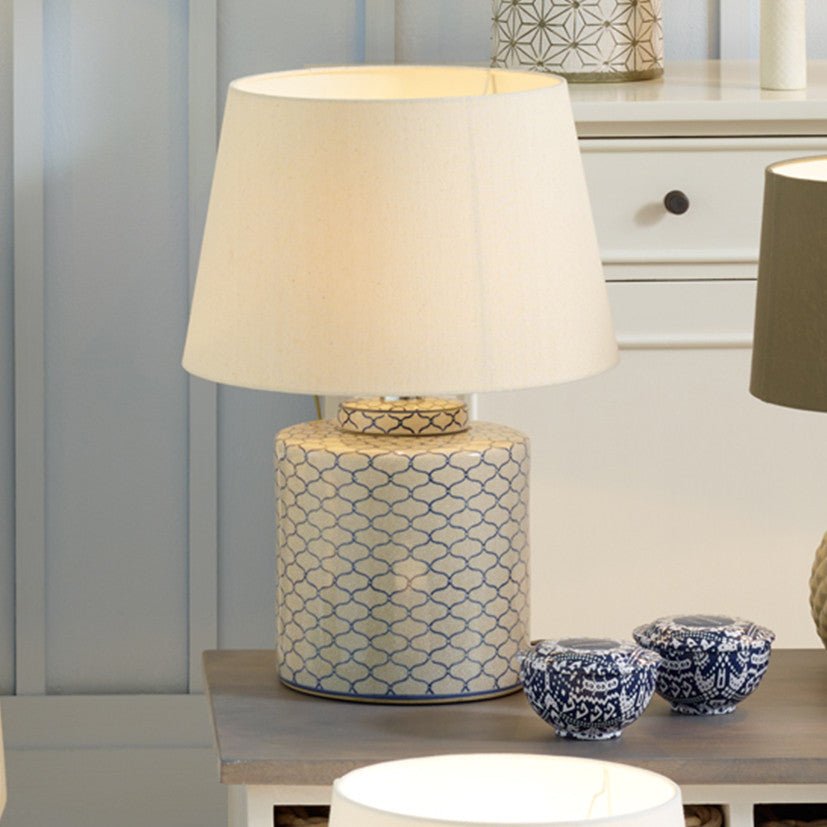 Grey and Blue Detail Ceramic Table Lamp with Shade - Duck Barn Interiors