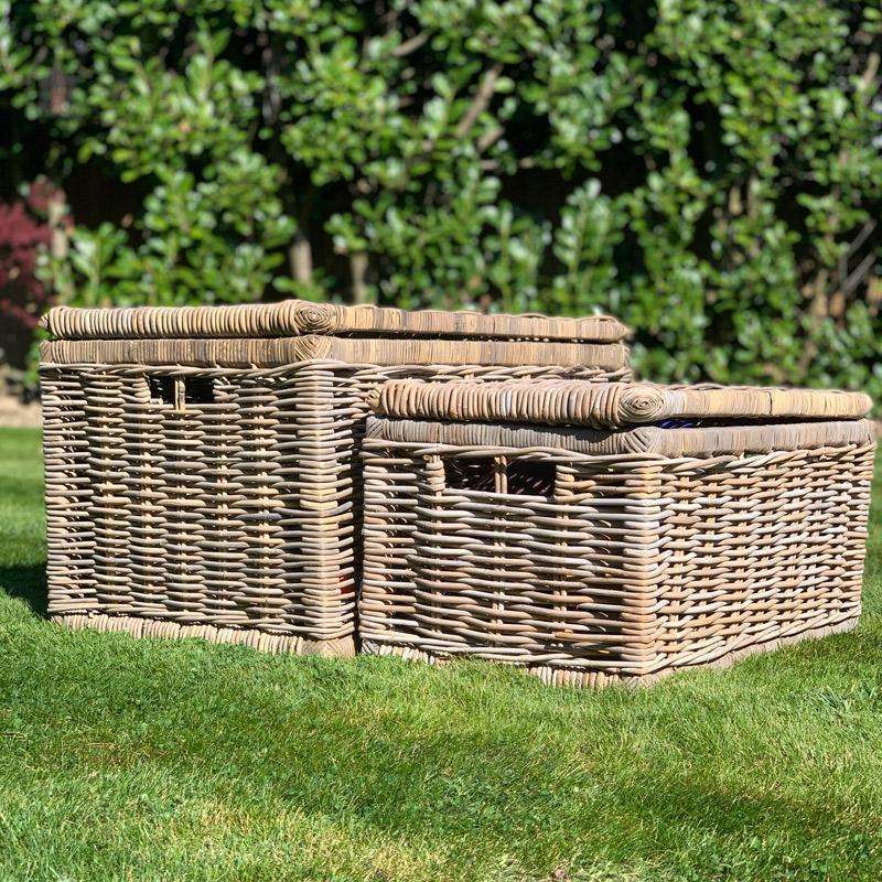 Grey Rectangle Wicker Storage Chests With Lids (Set of 2) - Duck Barn Interiors