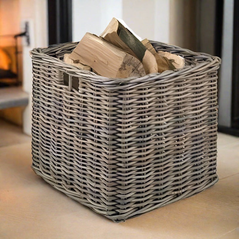 Grey Square Wicker Log Storage Basket (2 Sizes) - Duck Barn Interiors