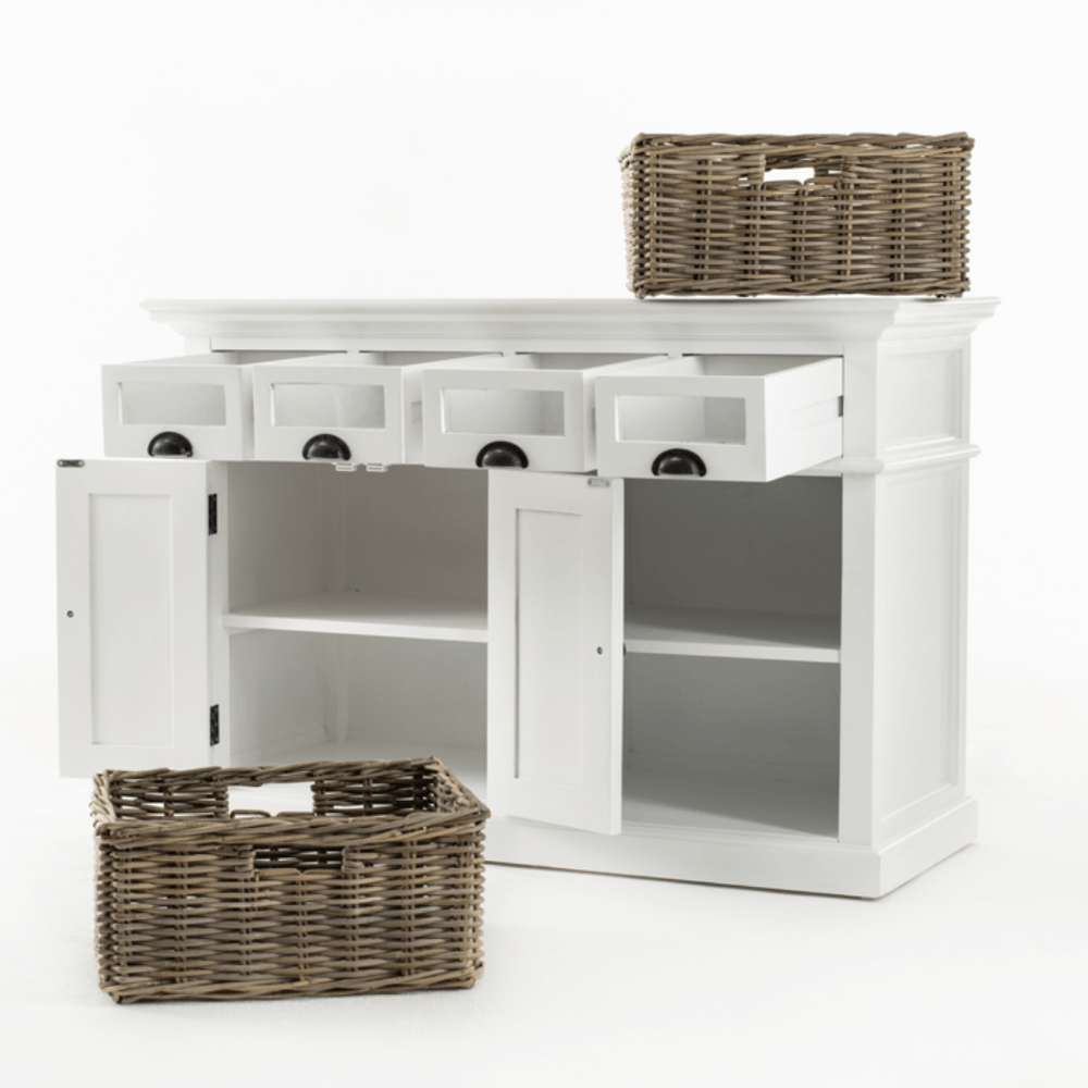 Halifax White Painted Kitchen Buffet with Rattan Baskets - Duck Barn Interiors