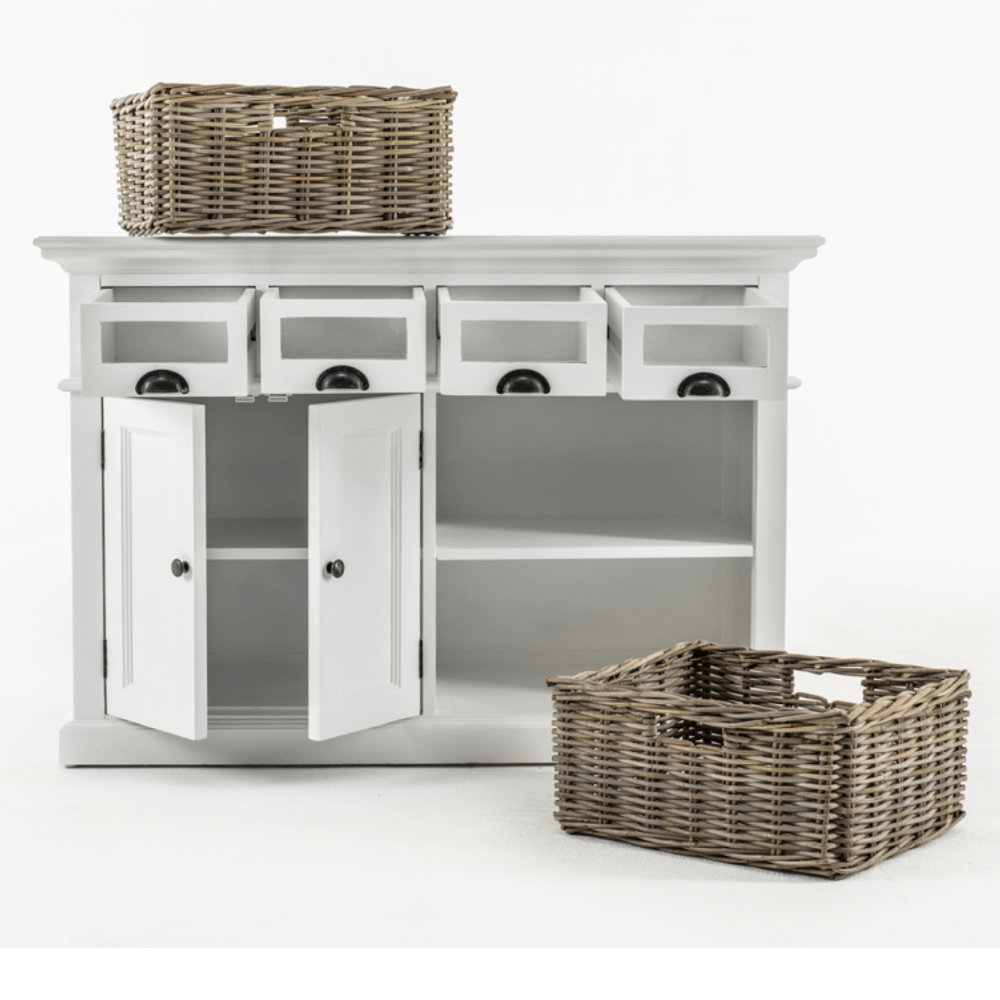 Halifax White Painted Kitchen Buffet with Rattan Baskets - Duck Barn Interiors