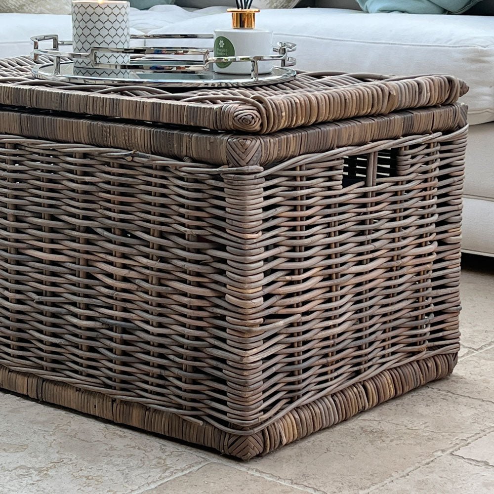 Large Grey Rectangle Wicker Storage Chest With Lid - Duck Barn Interiors