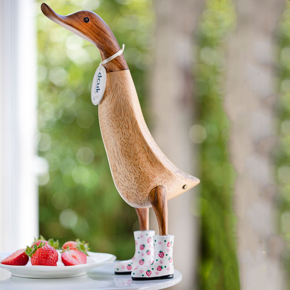 Large Natural Welly Duck with Strawberry Print Welly Boots - Duck Barn Interiors
