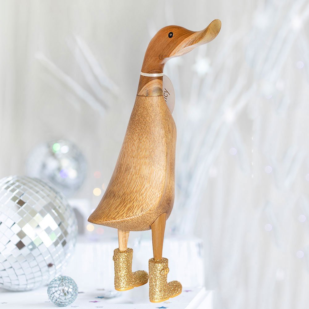 Large Wooden Disco Duck with Gold Sparkly Welly Boots - Duck Barn Interiors