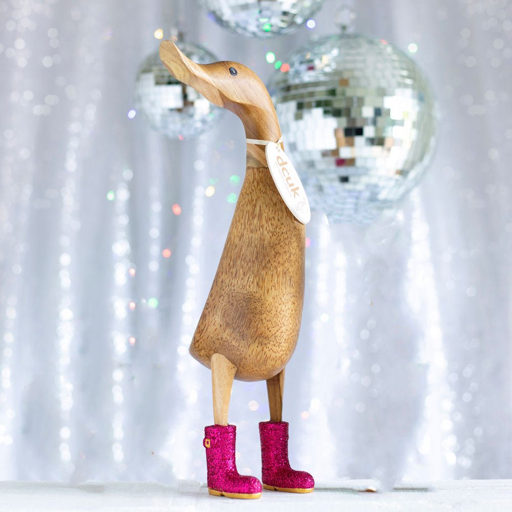 Large Wooden Disco Duck with Pink Sparkly Welly Boots - Duck Barn Interiors