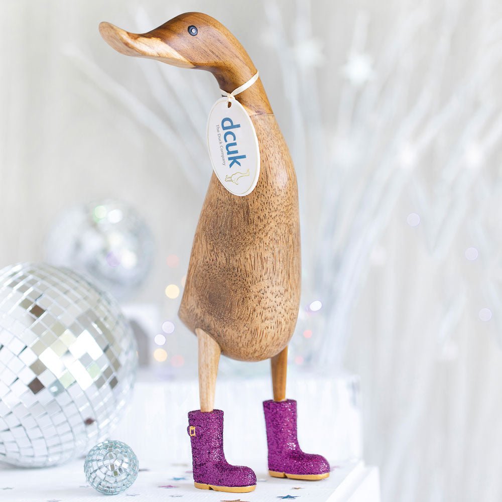 Large Wooden Disco Duck with Purple Sparkly Welly Boots - Duck Barn Interiors