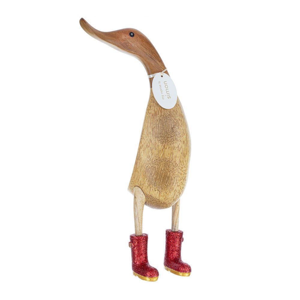 Large Wooden Disco Duck with Red Sparkly Welly Boots - Duck Barn Interiors