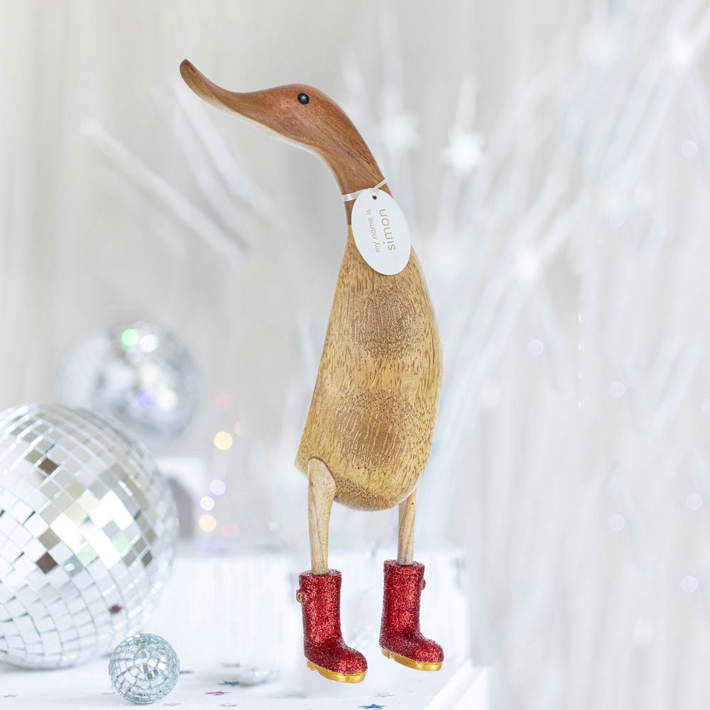 Large Wooden Disco Duck with Red Sparkly Welly Boots - Duck Barn Interiors