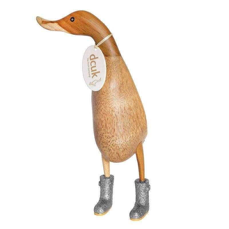 Large Wooden Disco Duck with Silver Sparkly Welly Boots - Duck Barn Interiors