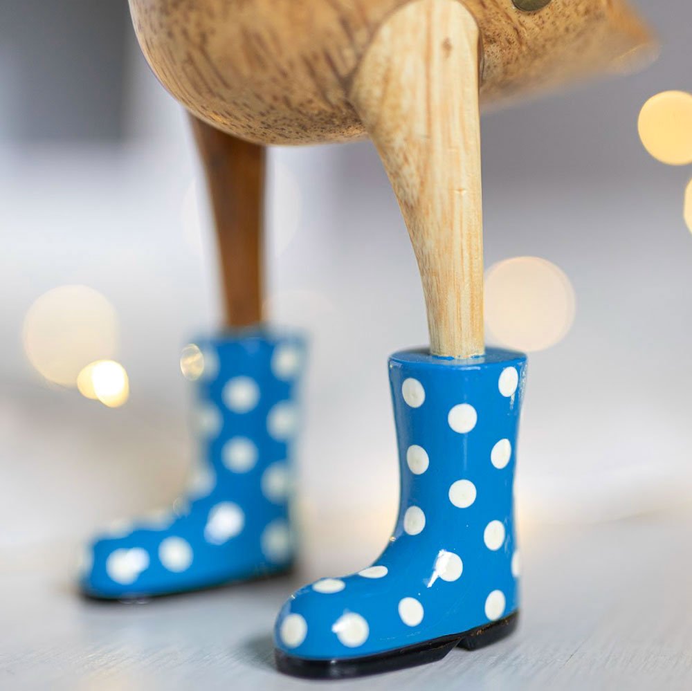 Large Wooden Duck In Blue & White Spotty Wellies - Duck Barn Interiors