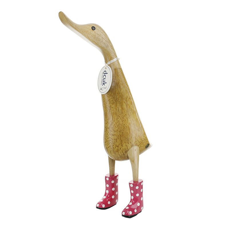 Large Wooden Duck in Bright Pink and White Spotty Wellies - Duck Barn Interiors