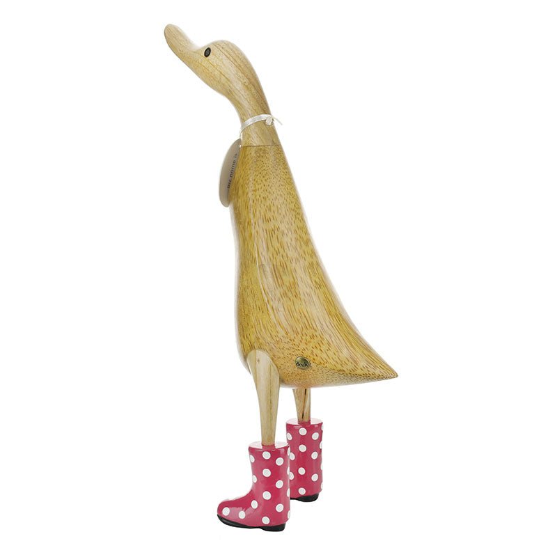 Large Wooden Duck in Bright Pink and White Spotty Wellies - Duck Barn Interiors