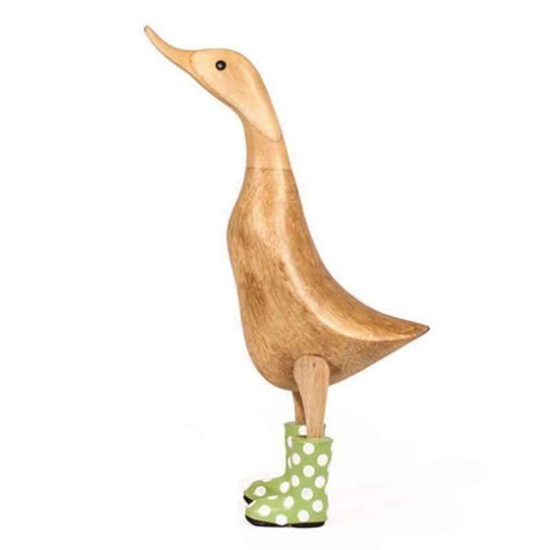 Large Wooden Duck in Green and White Spotty Wellies - Duck Barn Interiors
