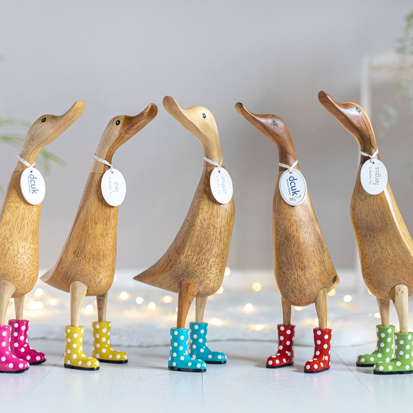 Large Wooden Duck in Green and White Spotty Wellies - Duck Barn Interiors