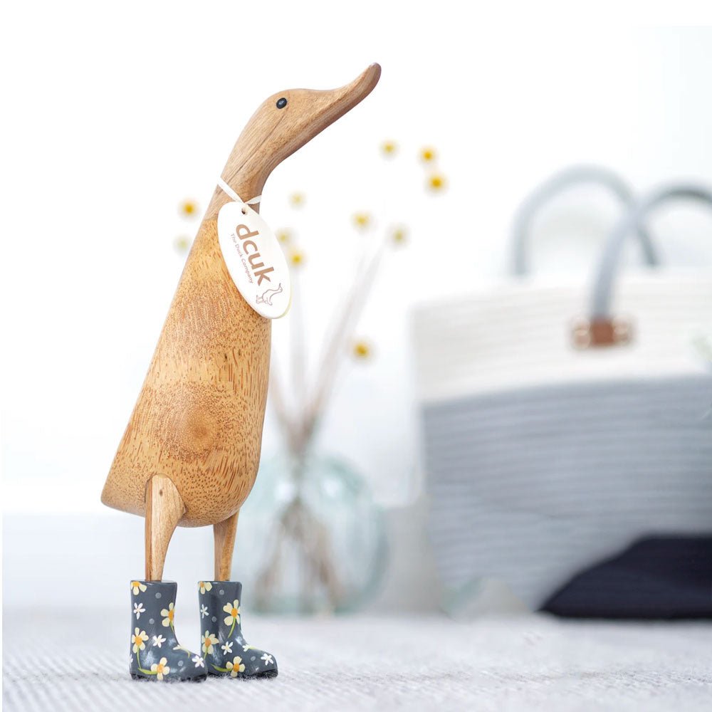 Large Wooden Duck in Grey Floral Welly Boots - Duck Barn Interiors