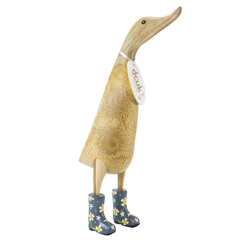 Large Wooden Duck in Grey Floral Welly Boots - Duck Barn Interiors