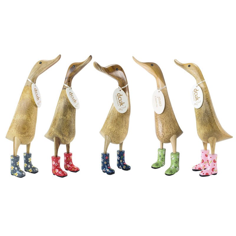 Large Wooden Duck in Pink Floral Welly Boots - Duck Barn Interiors