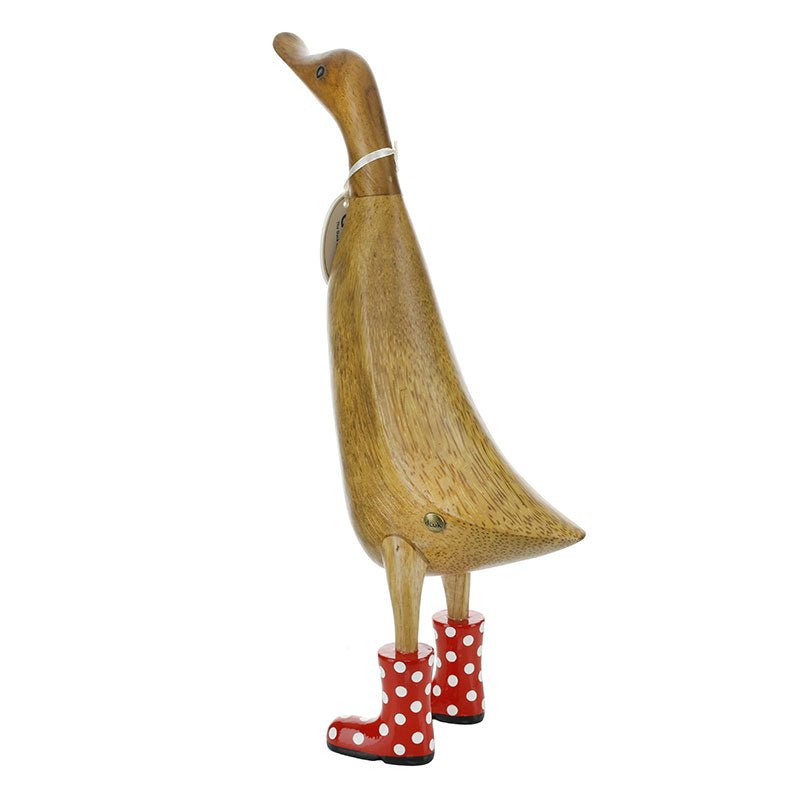 Large Wooden Duck in Red and White Spotty Wellies - Duck Barn Interiors