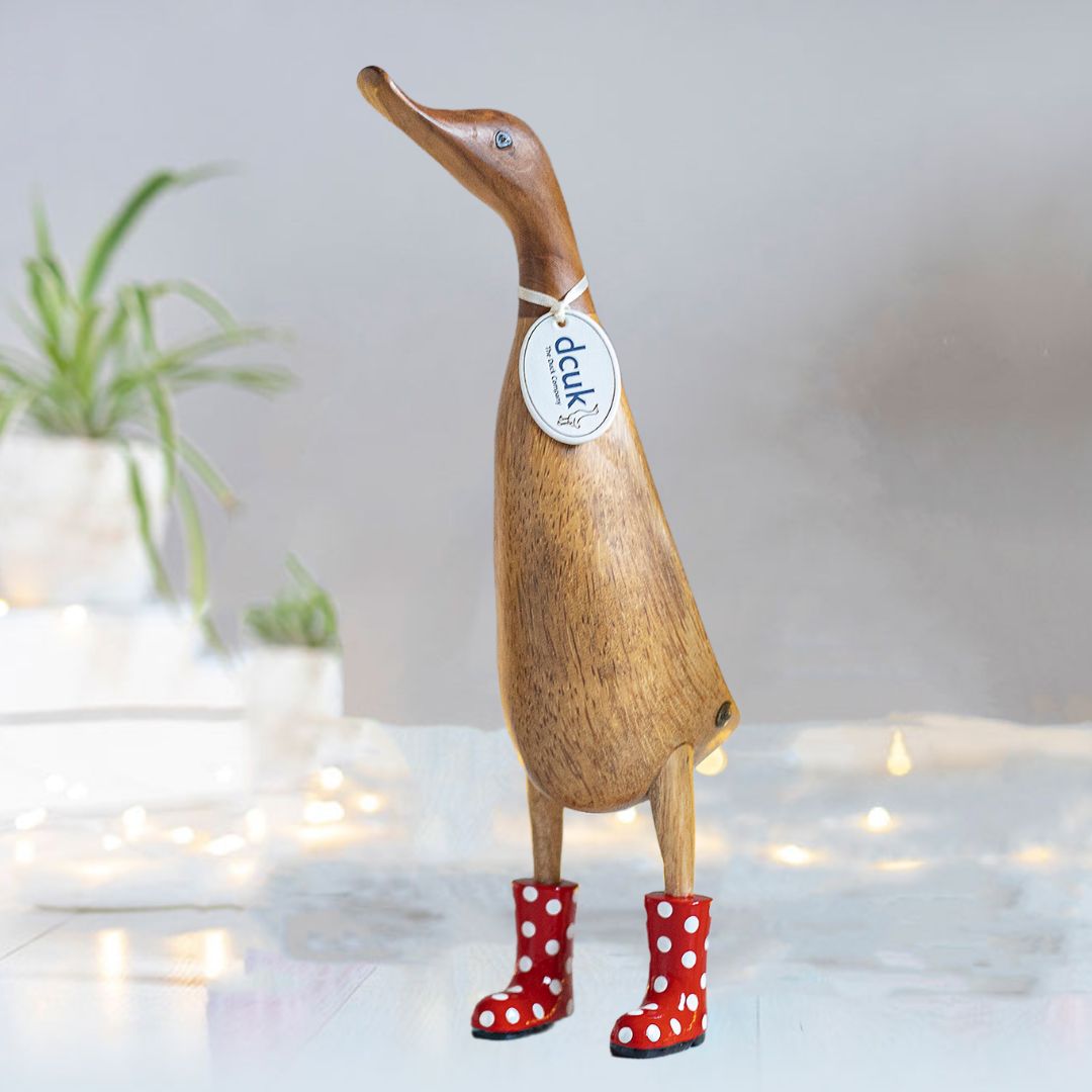 Large Wooden Duck in Red and White Spotty Wellies – Duck Barn