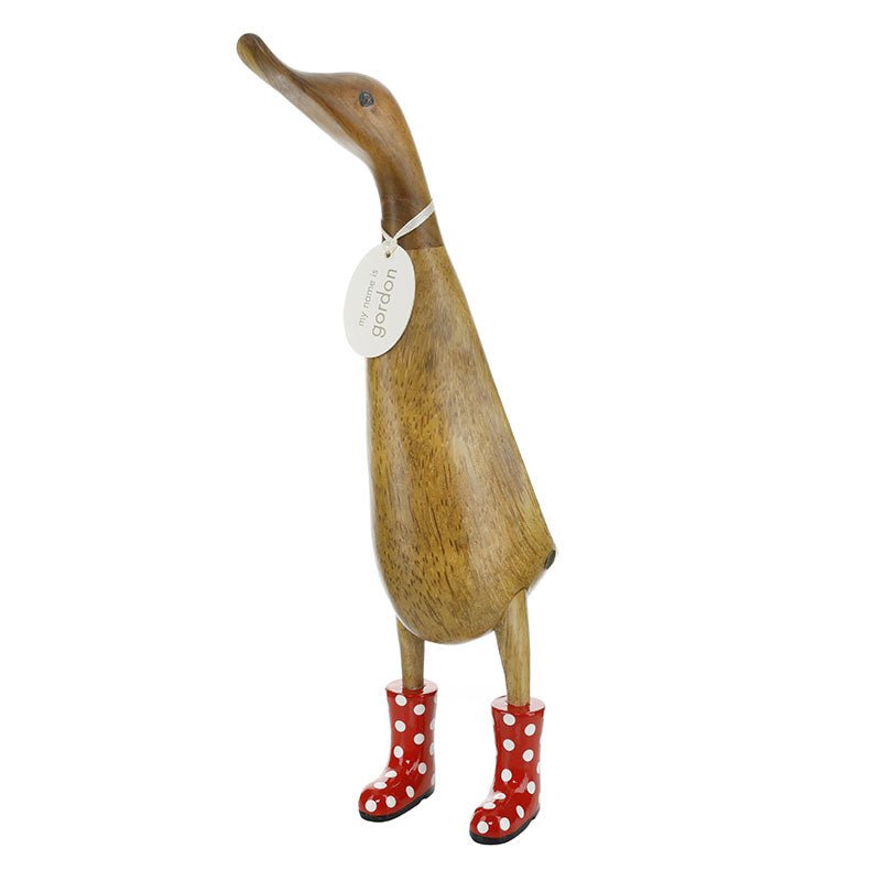 Large Wooden Duck in Red and White Spotty Wellies - Duck Barn Interiors