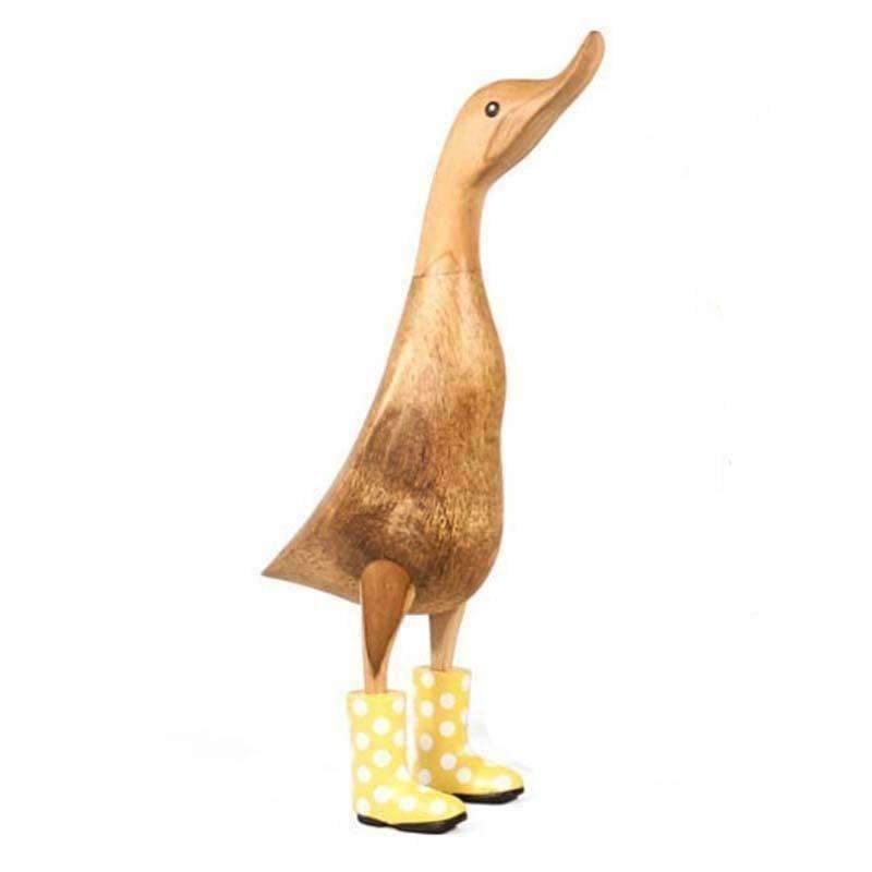 Large Wooden Duck in Yellow and White Spotty Wellies - Duck Barn Interiors