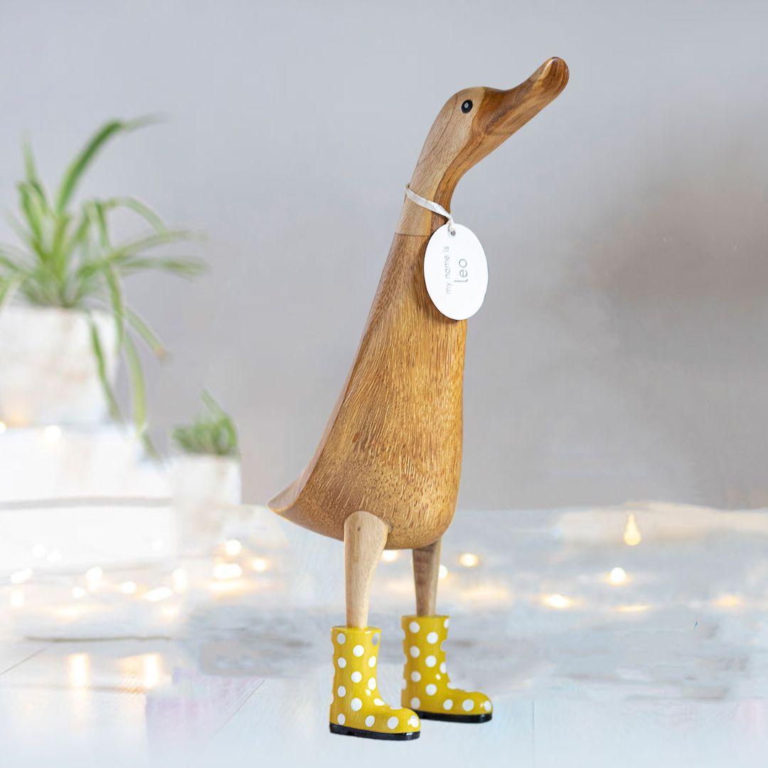 Large Wooden Duck in Yellow and White Spotty Wellies - Duck Barn Interiors