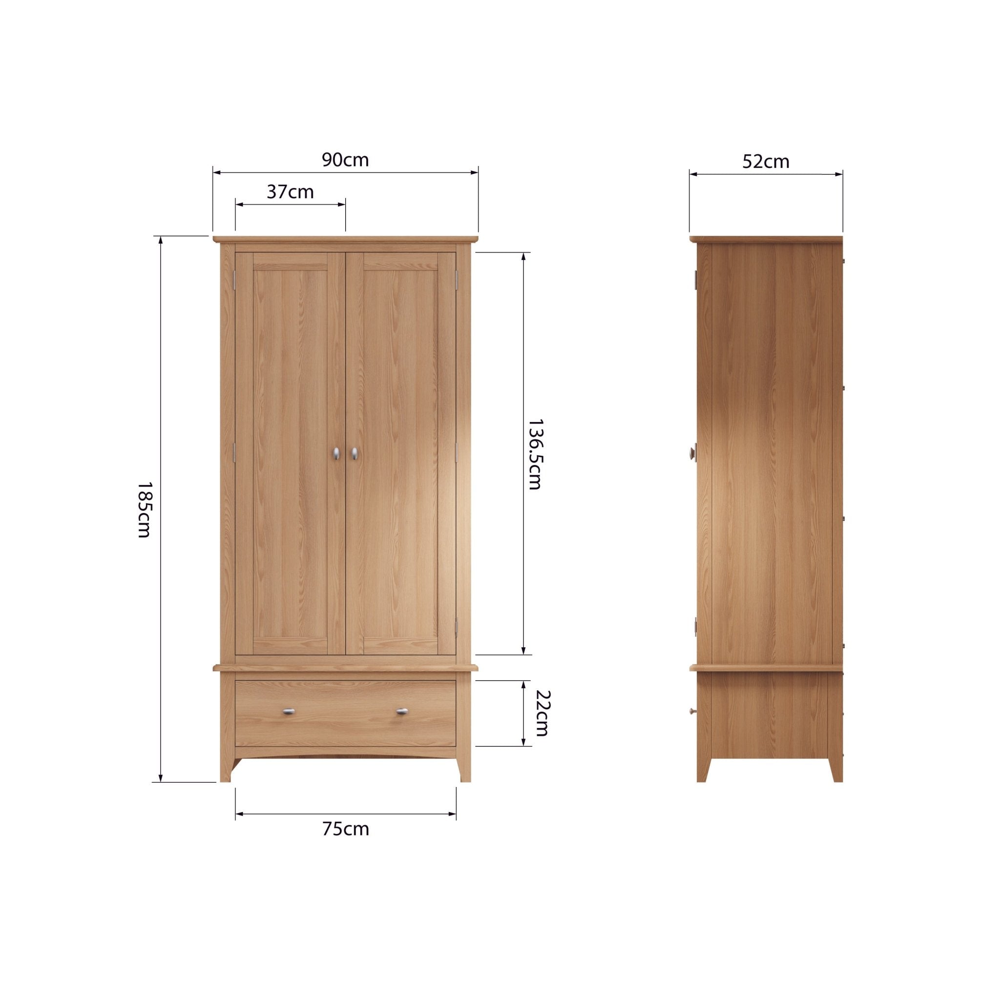 Ockley Oak 2 Door 1 Drawer Wardrobe - Duck Barn Interiors